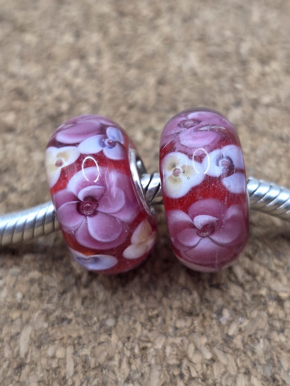 2 X Red Pink Floral Glass Charm Bead For Pandora Bracelets Sterling Silver